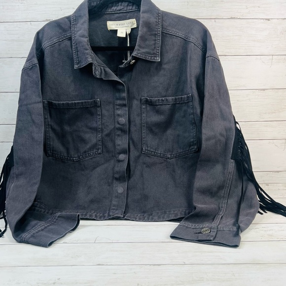 Saltwater Luxe Washed Black Jean Jacket with Fringe 100% Cotten cowgirl biker - Picture 9 of 14